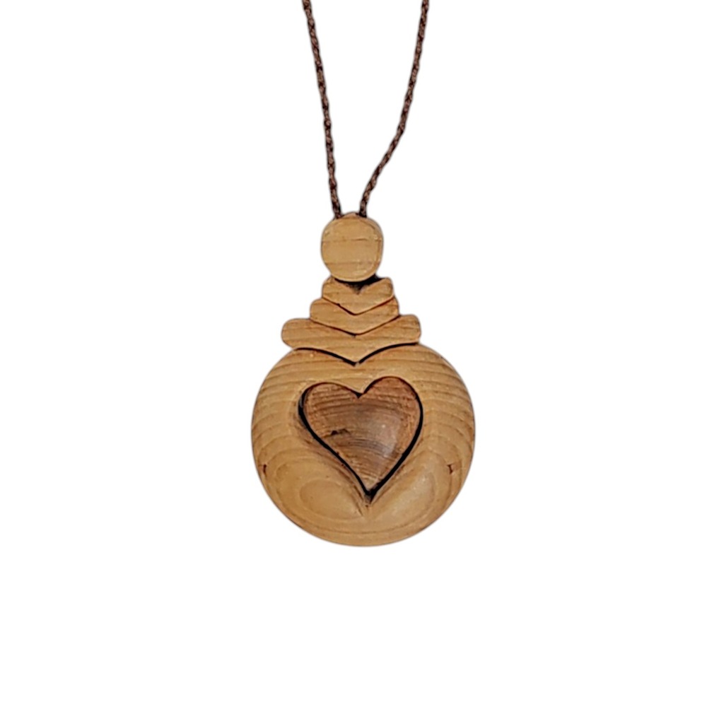 Vintage Hand Carved Apple Wood Heart Pendant Necklace 25 Inch Braided Cord